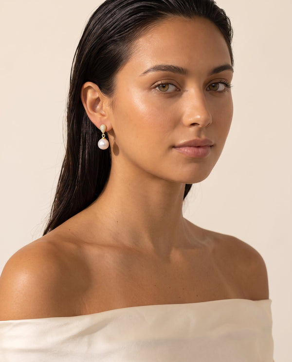 Gold Pave Pearl Drop Earrings detail