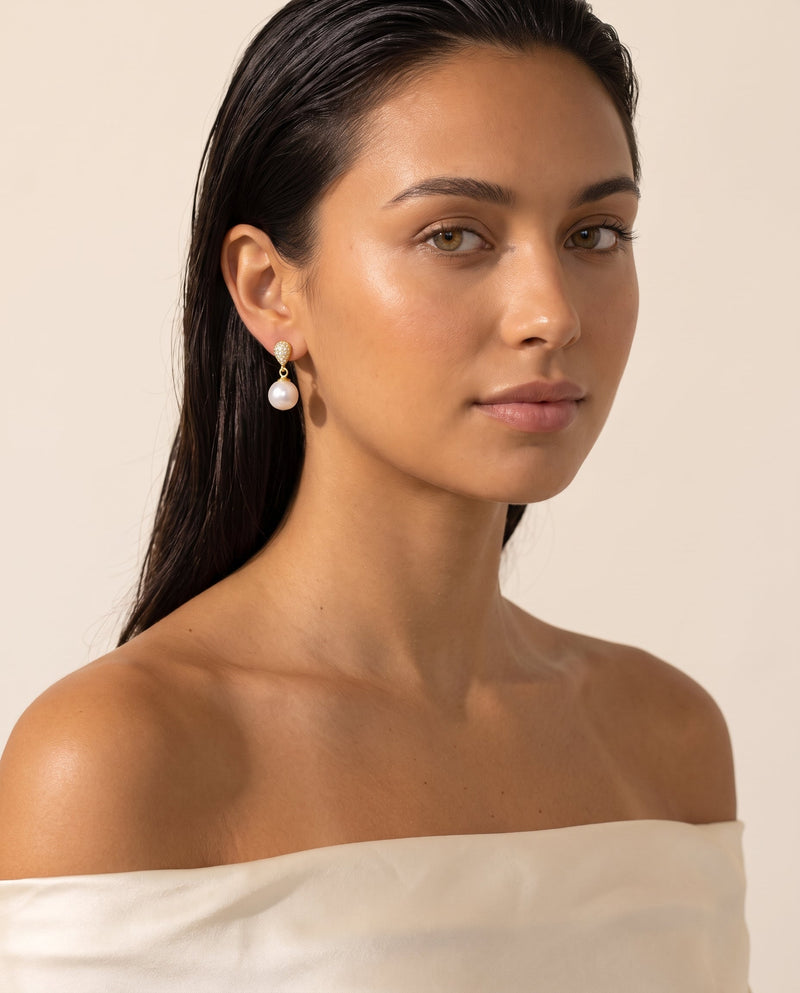 Gold Pave Pearl Drop Earrings detail