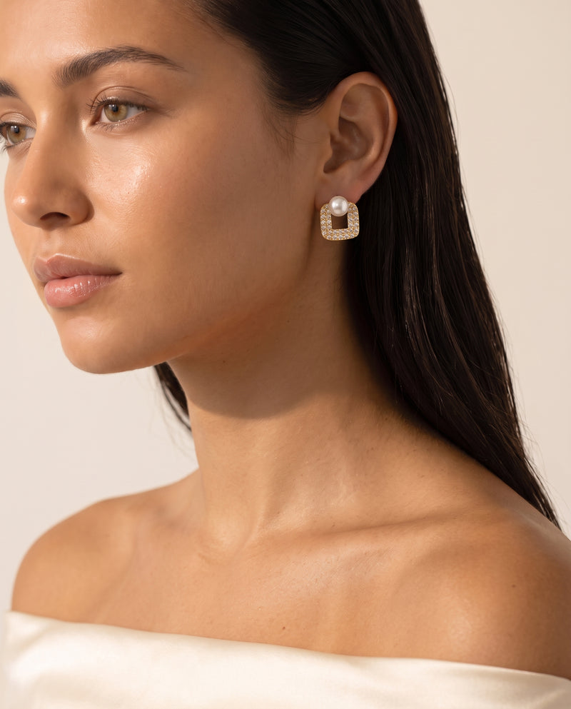 Square Pave Pearl Studs detail