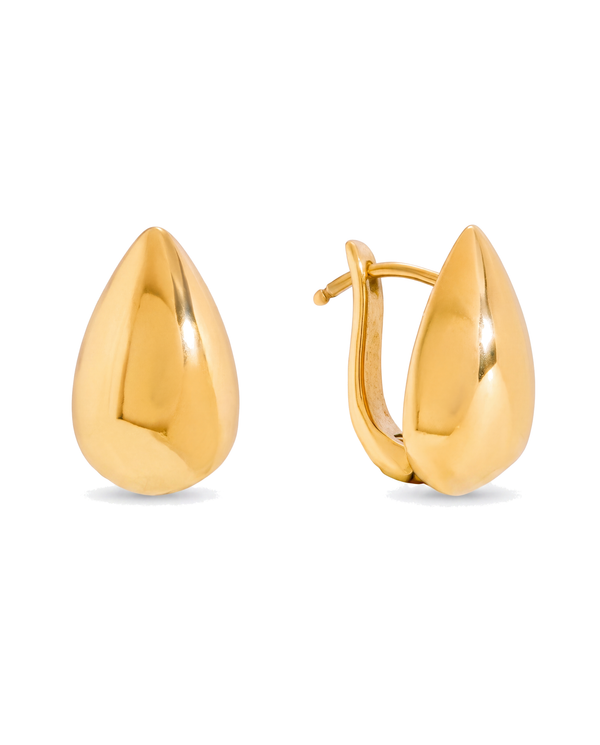 Teardrop Huggies - solid gold teardrop huggie earrings, front and side view on white
