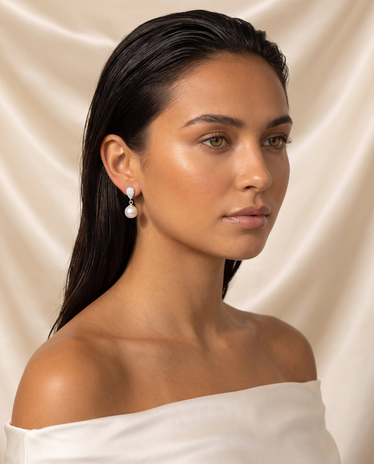 Silver pave pearl drop earring, freshwater pearl, editorial on champagne silk