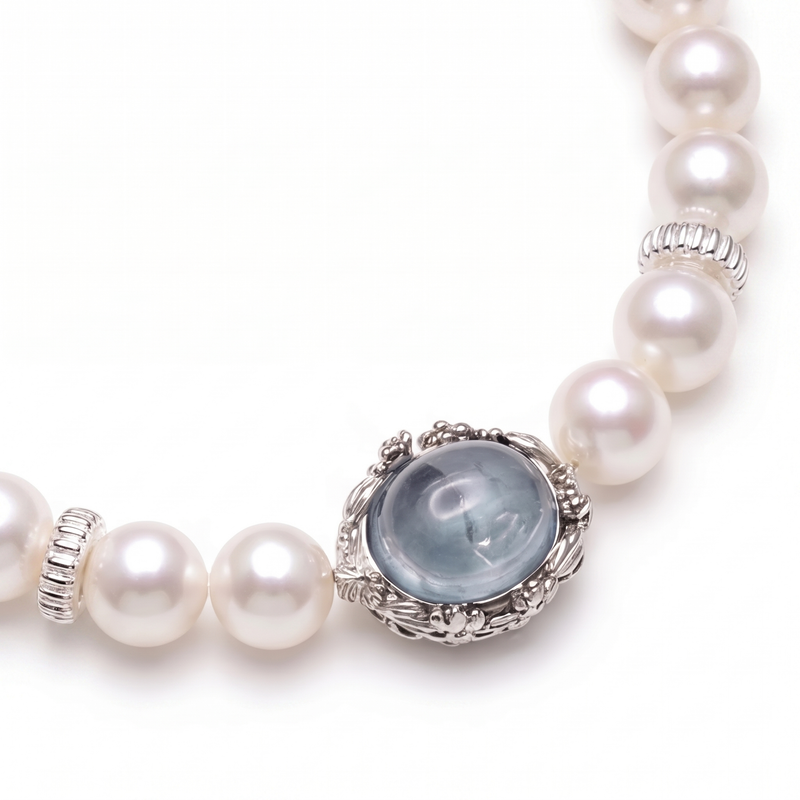 Aquamarine & White Freshwater Pearl Bracelet | 7–7.5mm AAAA detail