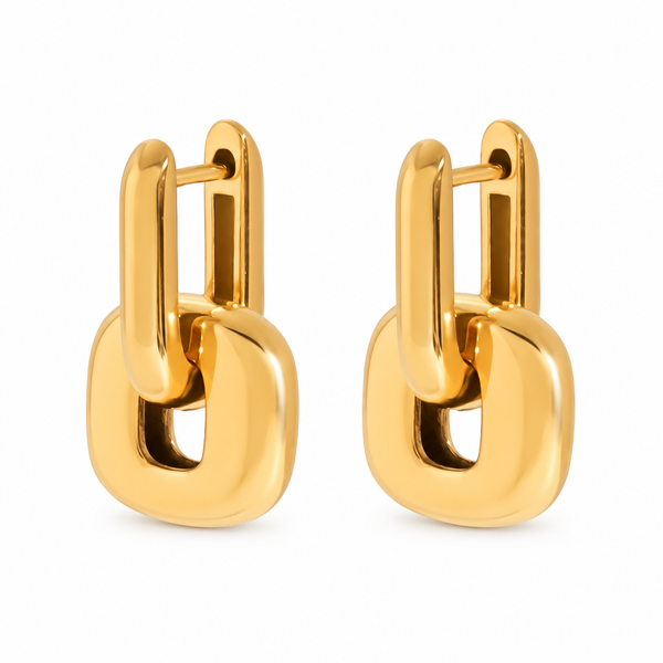 Tandem link huggie earrings in 18k gold plated stainless steel, pair on white background
