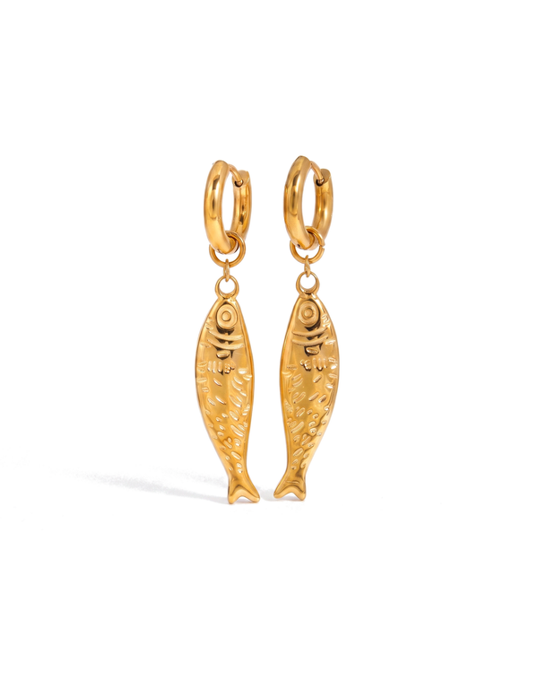 The pair of fish drop huggie earrings on white
