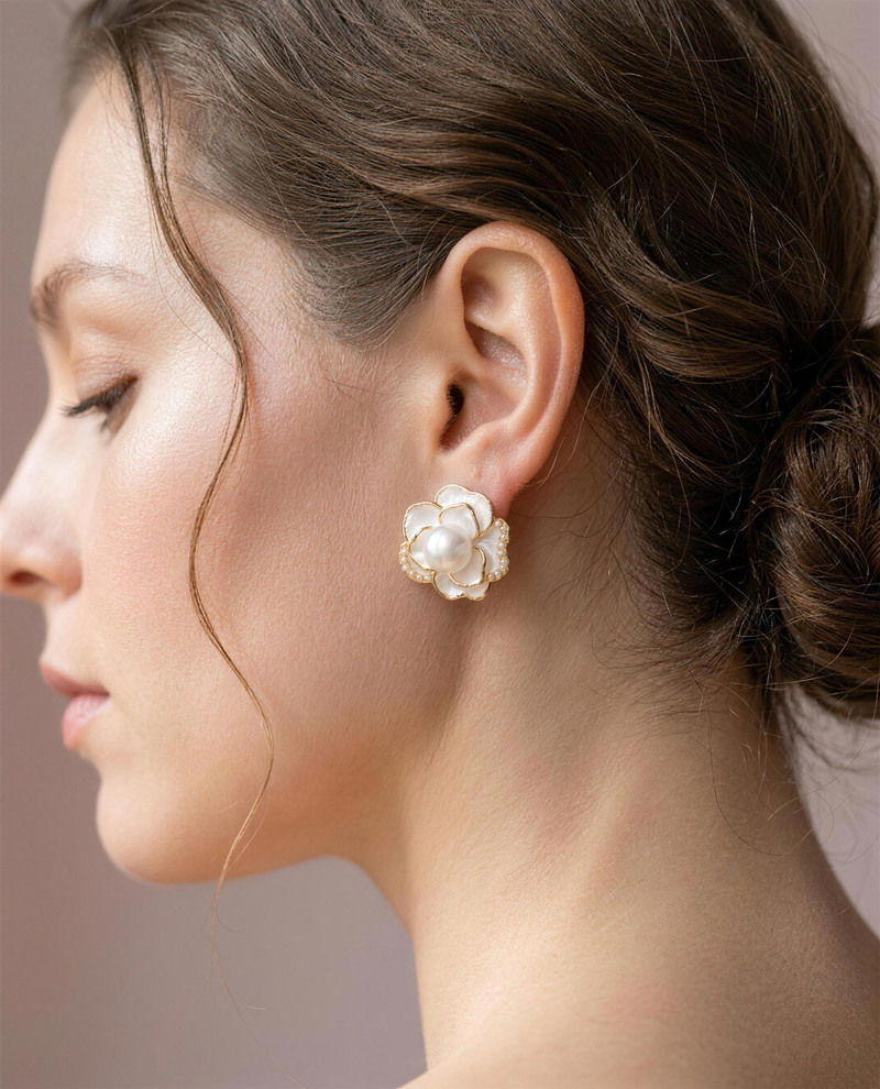 Play of Light Camellia Pearl Studs detail