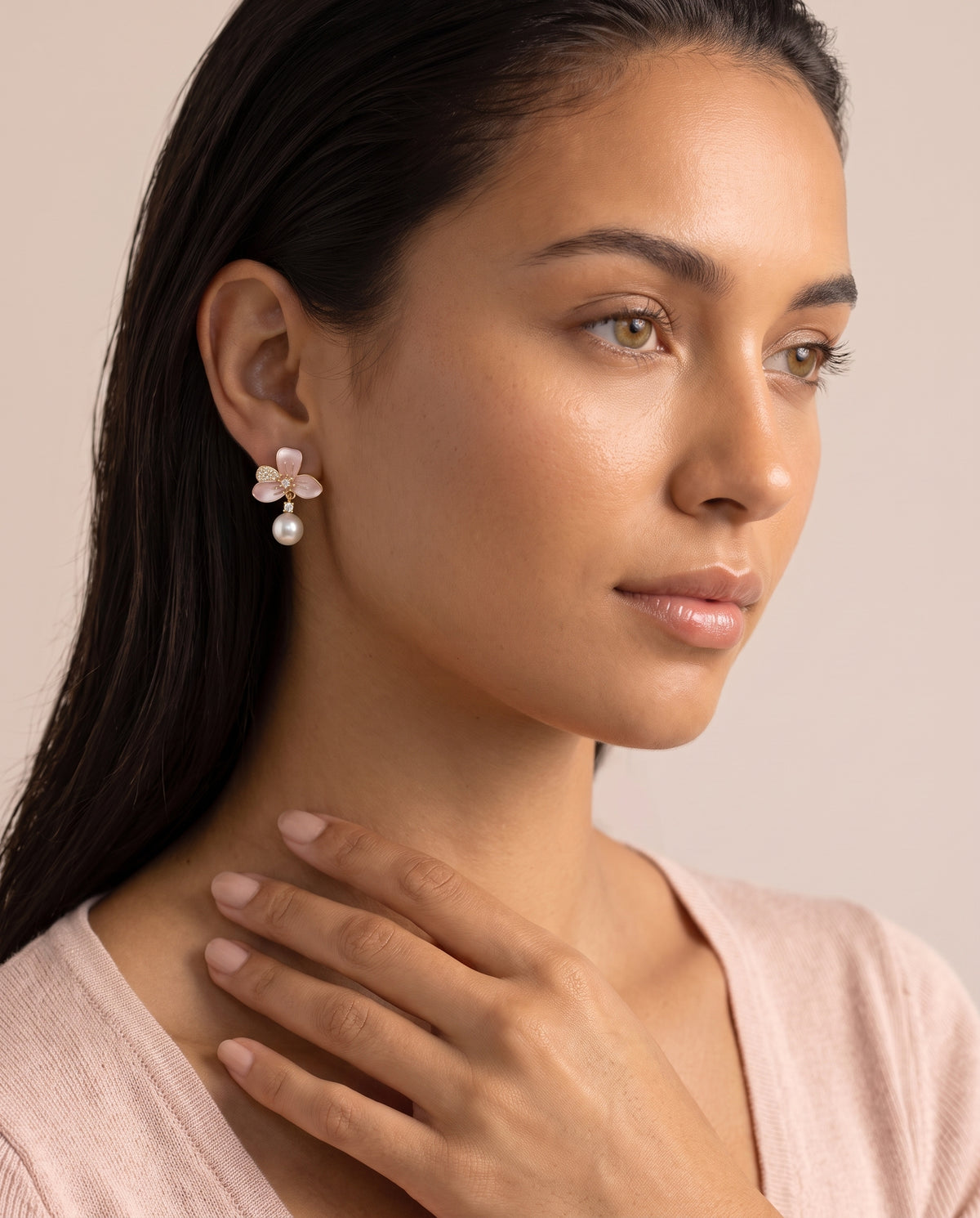 Blush Enamel Bloom Pearl Drops freshwater pearl earring from ear to collarbone