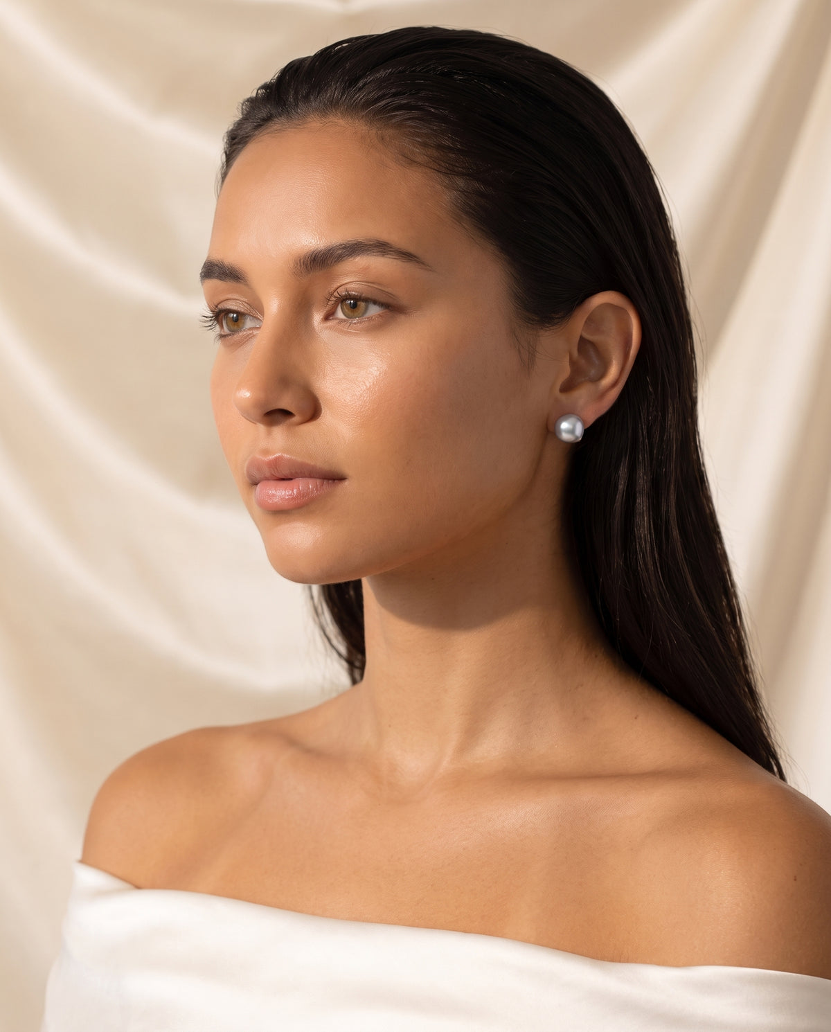 Grey Baroque Pearl Studs freshwater pearl earring editorial on champagne silk