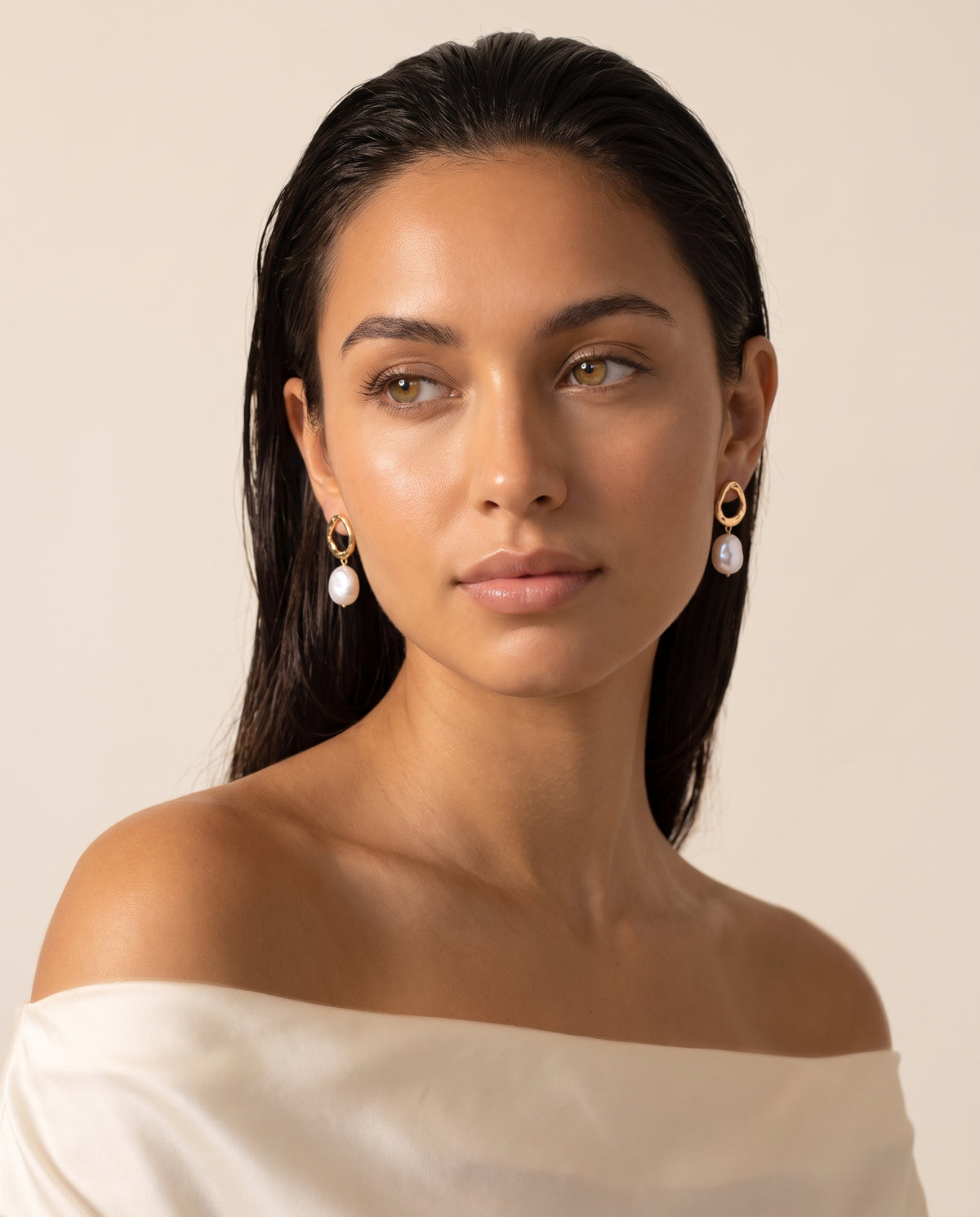 Twist Ring Baroque Pearl Drops freshwater pearl earring front view, both earrings