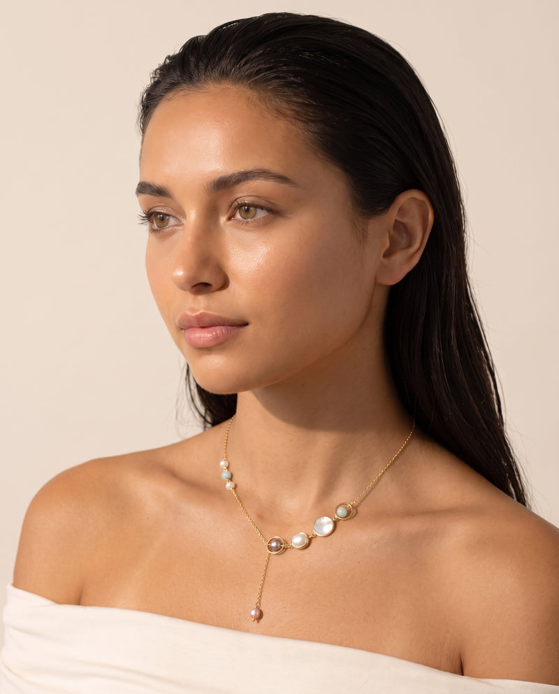 Aquamarine Pearl Lariat Necklace detail