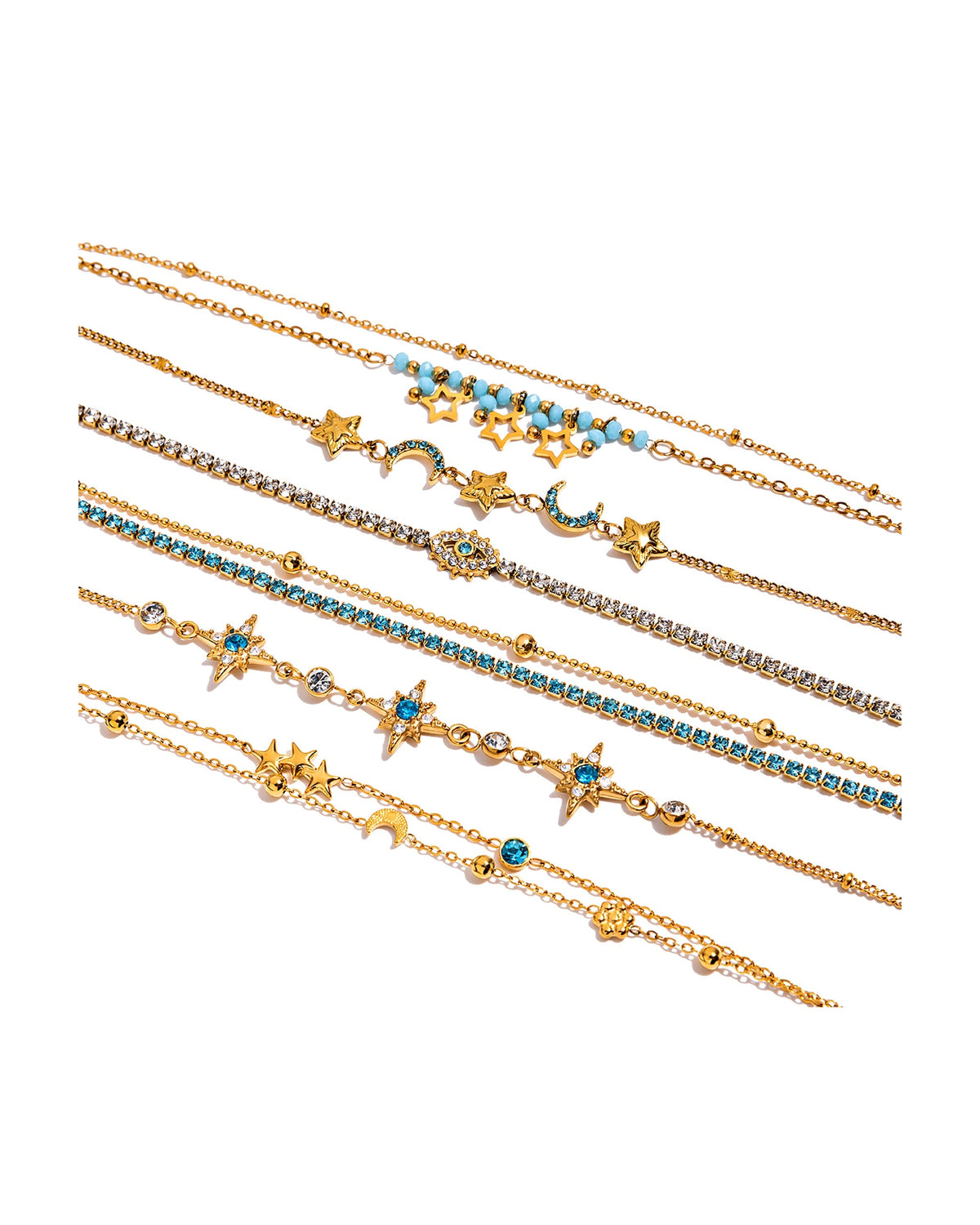 Six 18k gold plated stainless steel bracelets laid out as a stack, waterproof and tarnish-free
