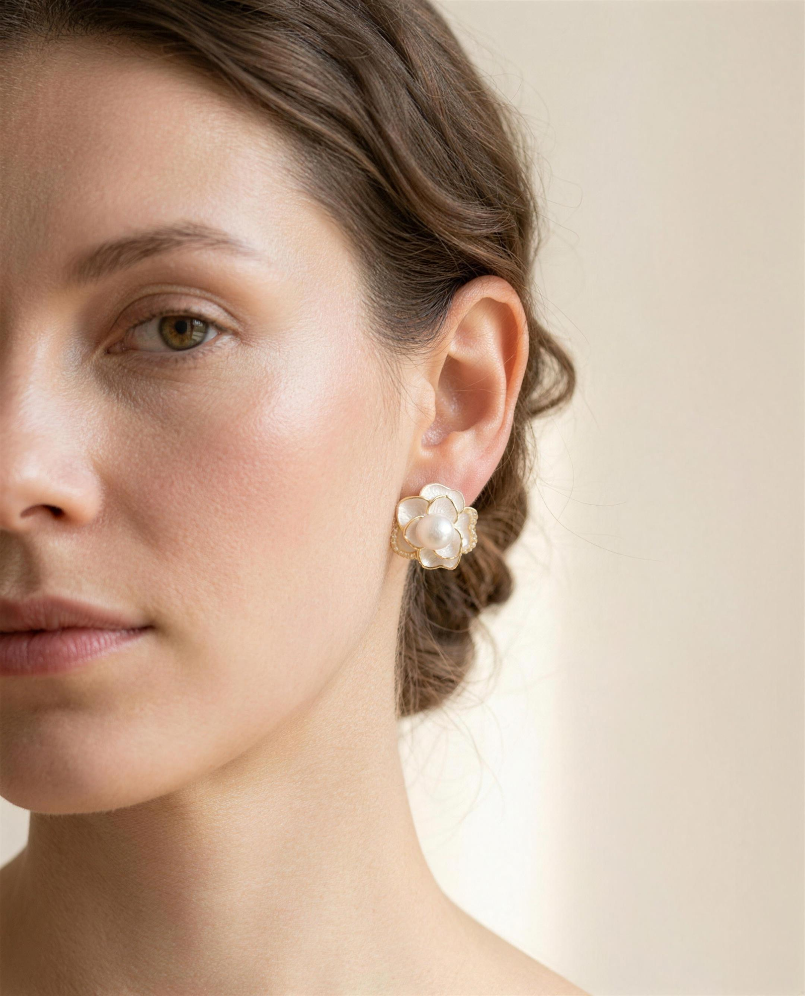 Camellia freshwater pearl stud earrings as a bridesmaid gift — handcrafted in Ontario by Hardly Common