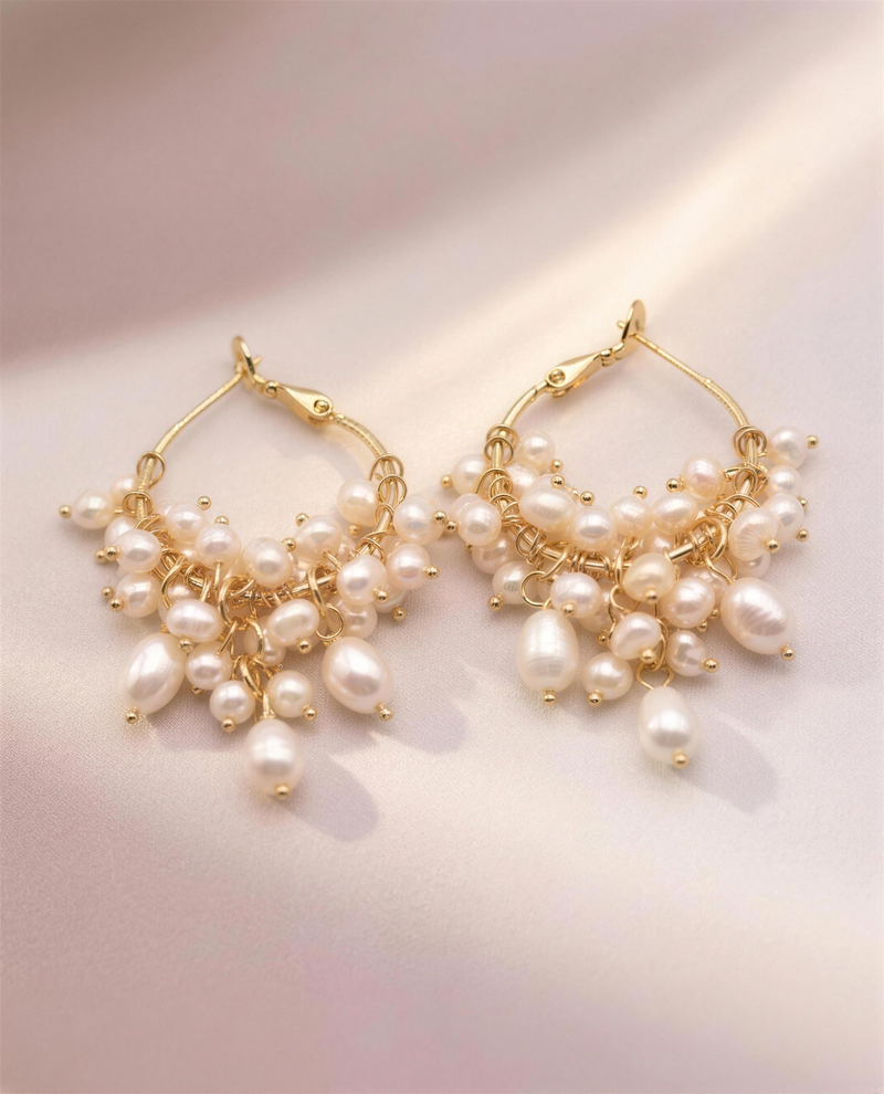 Freshwater pearl cascade hoop earrings for bridesmaids — handcrafted in Ontario by Hardly Common