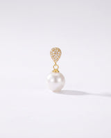 Gold pave pearl drop earring, freshwater pearl, on a clean white background