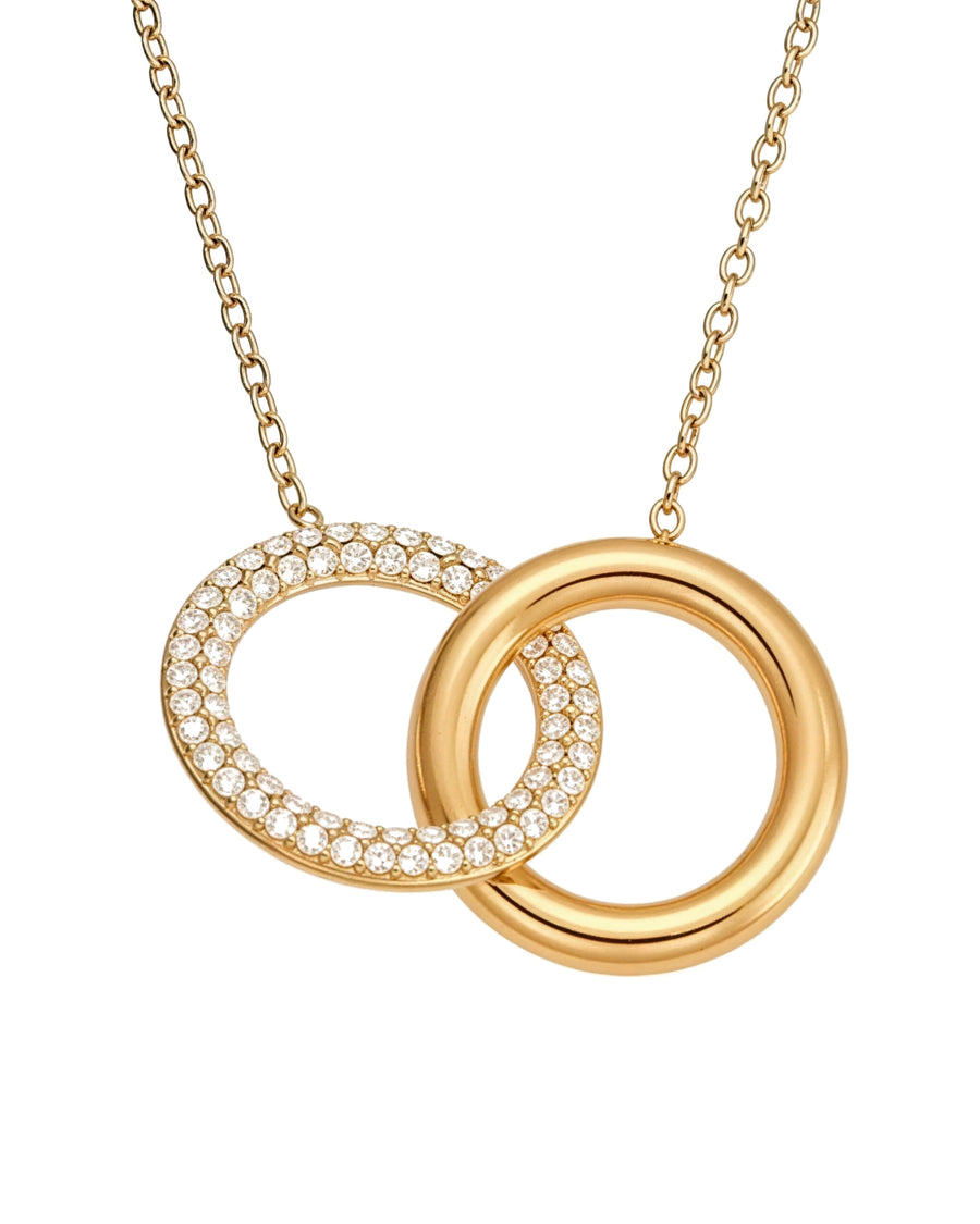 Interlocking Circles Necklace in 18k gold plated stainless steel, shown flat on white