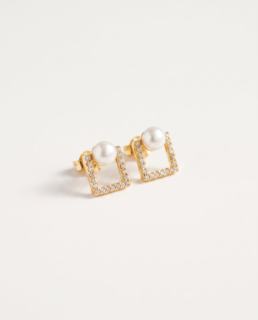 Square Pave Pearl Studs freshwater pearl earring on a clean white background