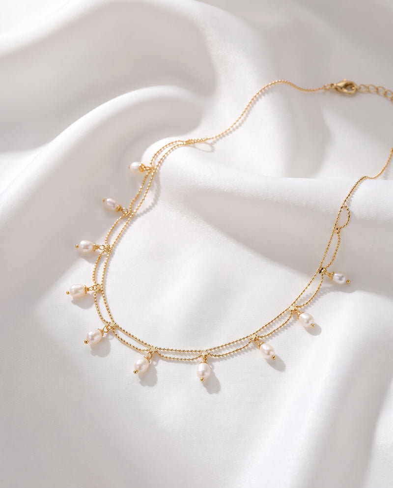 Gold Pearl Fringe Necklace