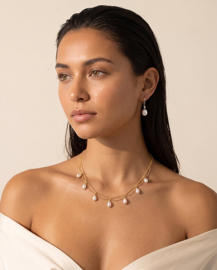 Model wearing Gold Pearl Fringe Necklace
