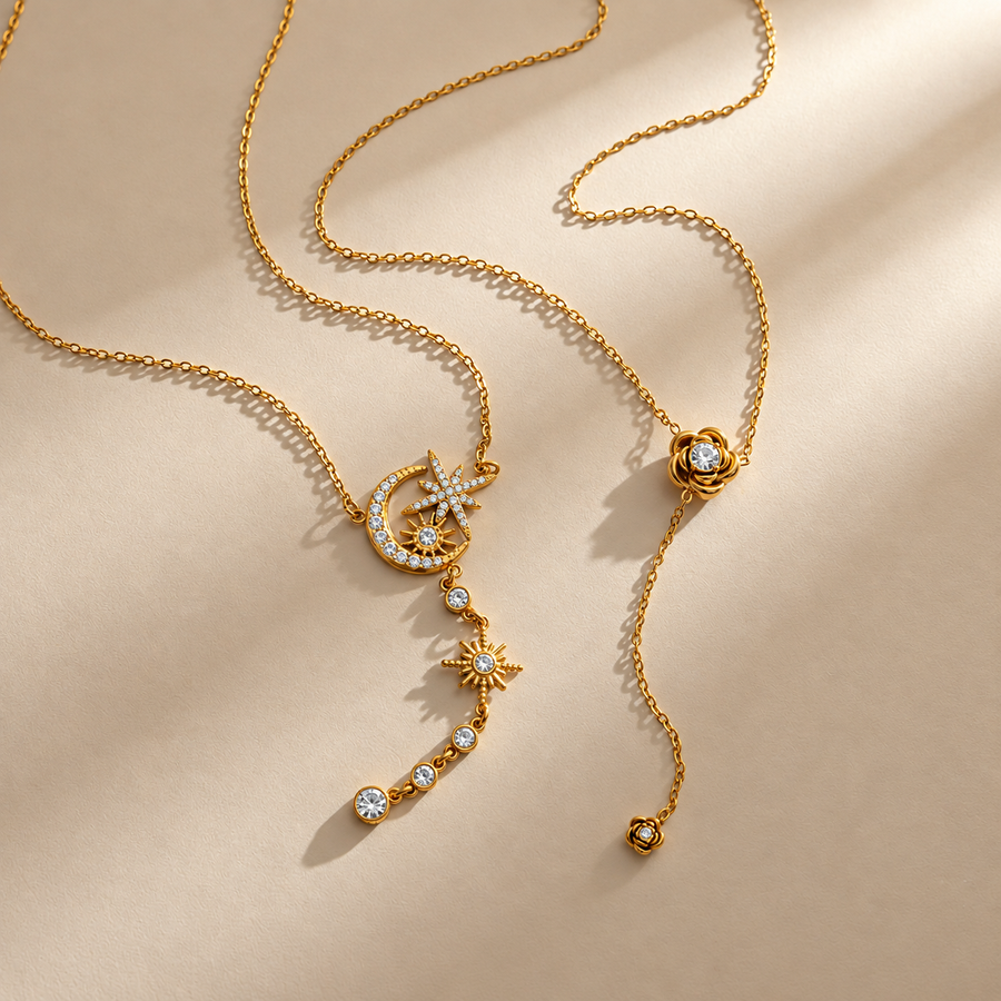 Damask Rose Drop Necklace, 18k Gold Plated Steel