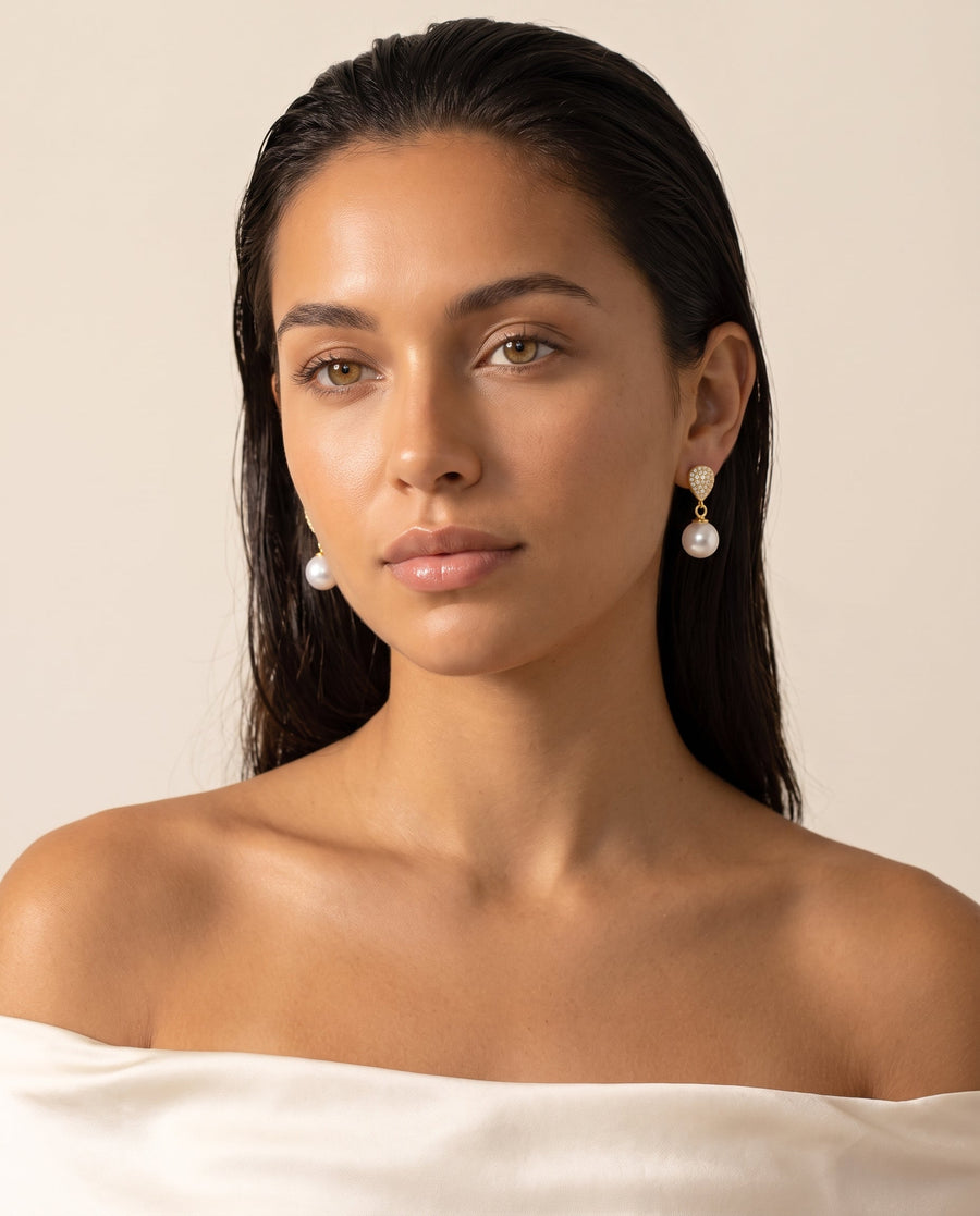 Gold pave pearl drop earring, freshwater pearl, front view, both earrings