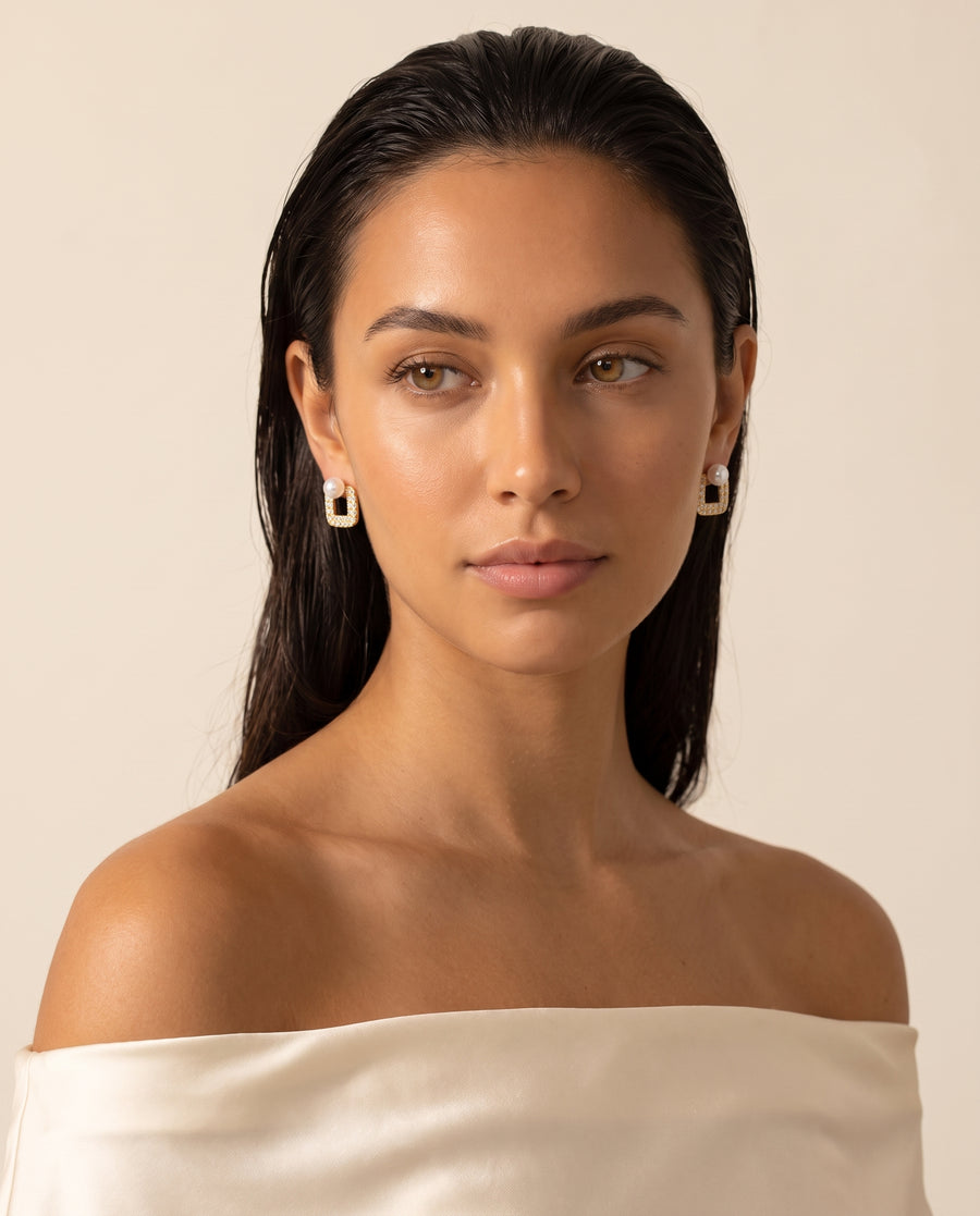 Square Pave Pearl Studs freshwater pearl earring front view, both earrings