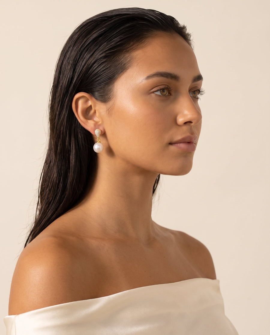 Gold pave pearl drop earring, freshwater pearl, profile on the ear