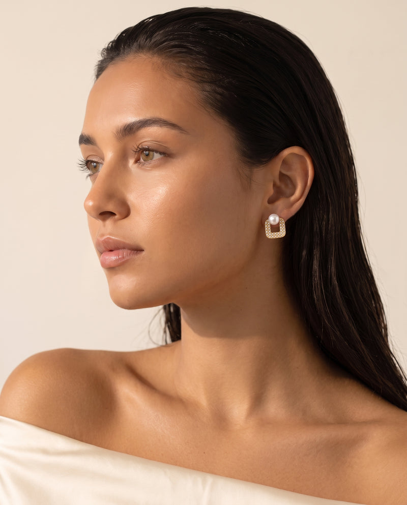 Square Pave Pearl Studs freshwater pearl earring profile on the ear