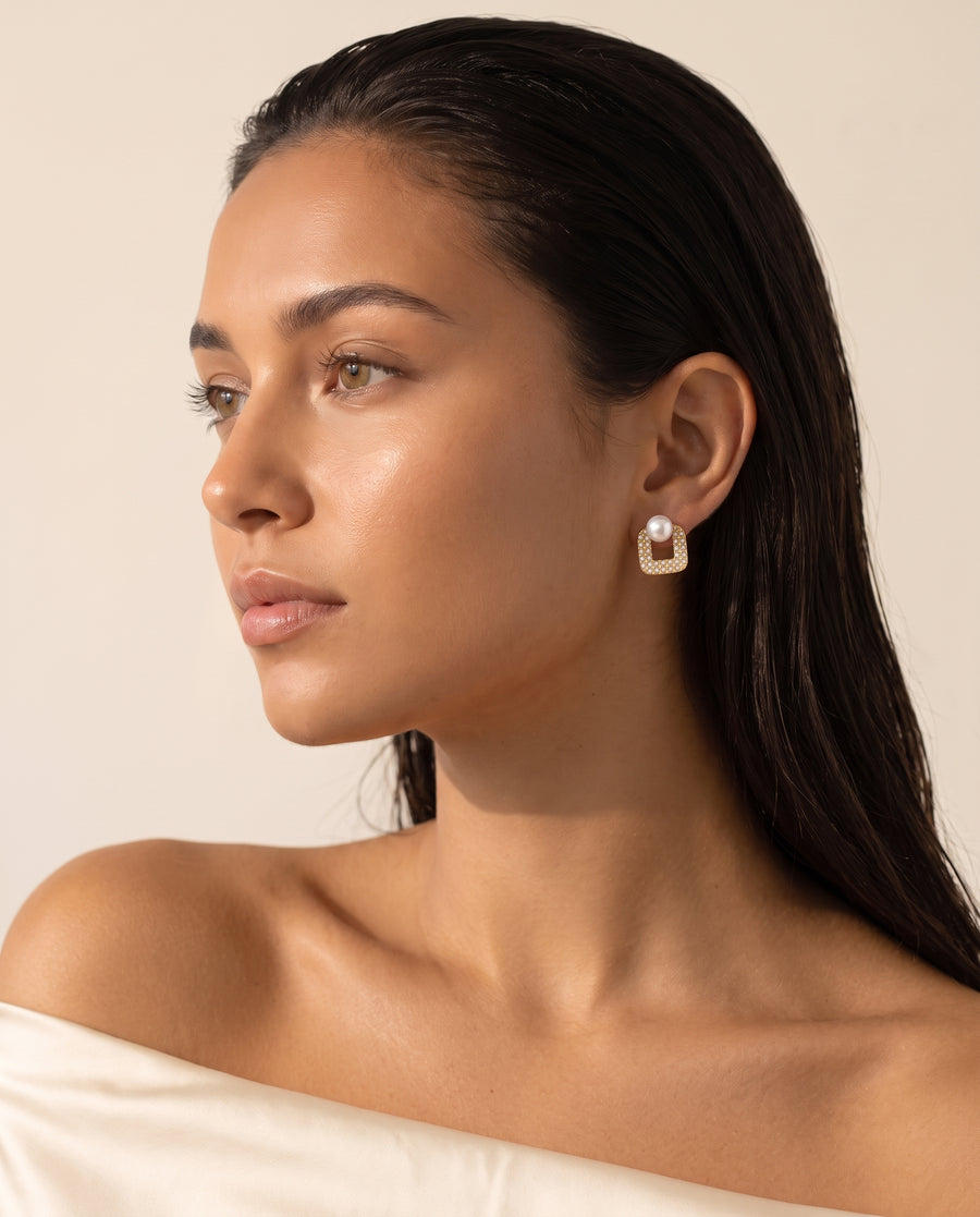 Square Pave Pearl Studs freshwater pearl earring profile on the ear