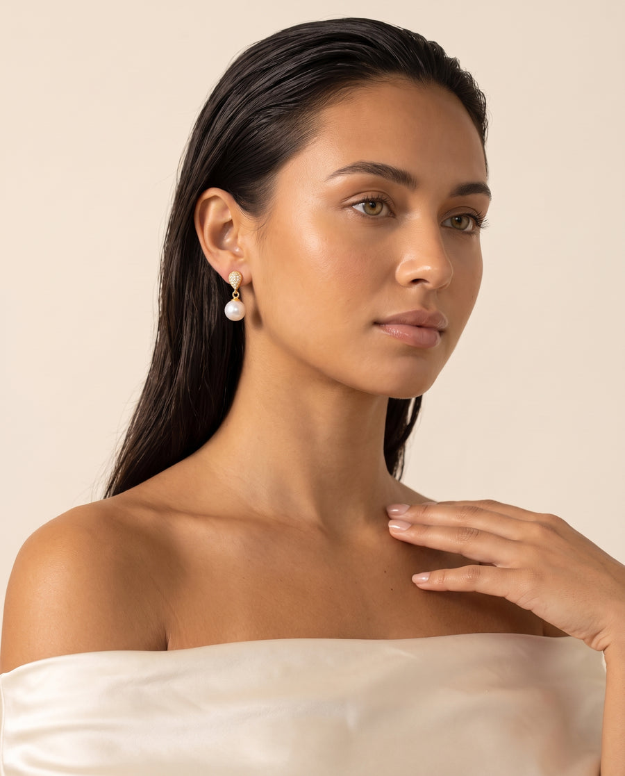 Gold pave pearl drop earring, freshwater pearl, ear to collarbone