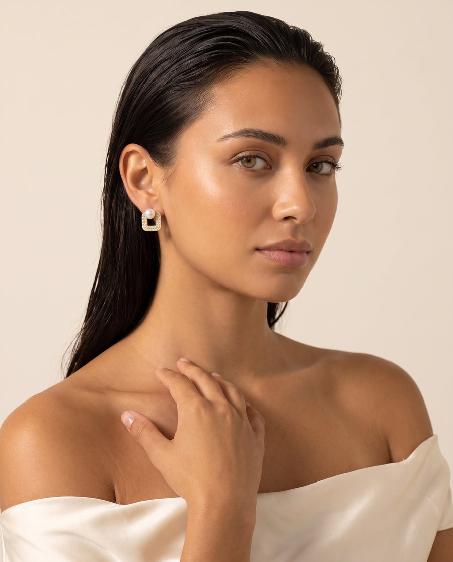 Square Pave Pearl Studs freshwater pearl earring ear to collarbone