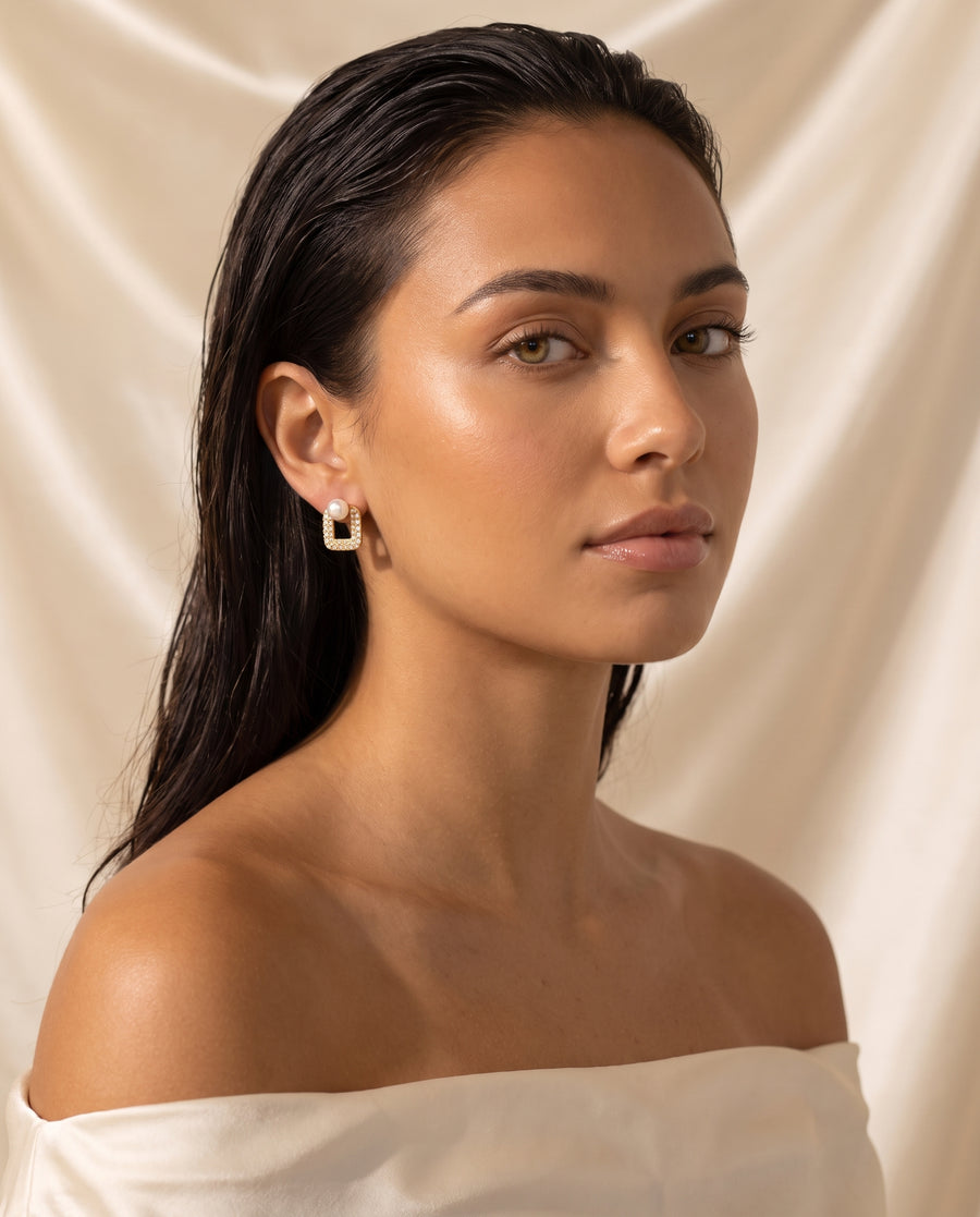 Square Pave Pearl Studs freshwater pearl earring editorial on champagne silk