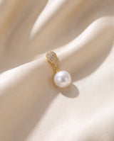 Gold pave pearl drop earring, freshwater pearl, draped on champagne silk