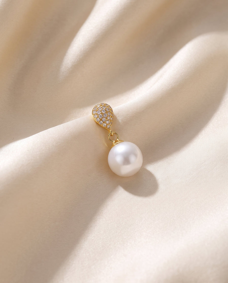 Gold pave pearl drop earring, freshwater pearl, draped on champagne silk