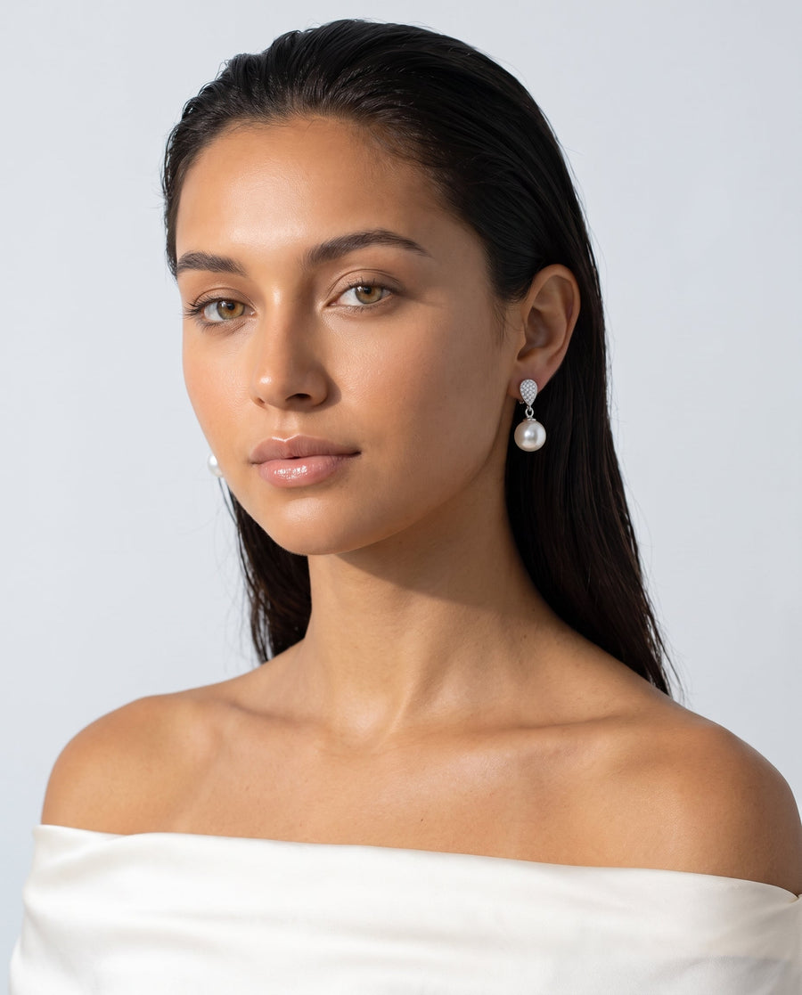 Silver pave pearl drop earring, freshwater pearl, front view, both earrings