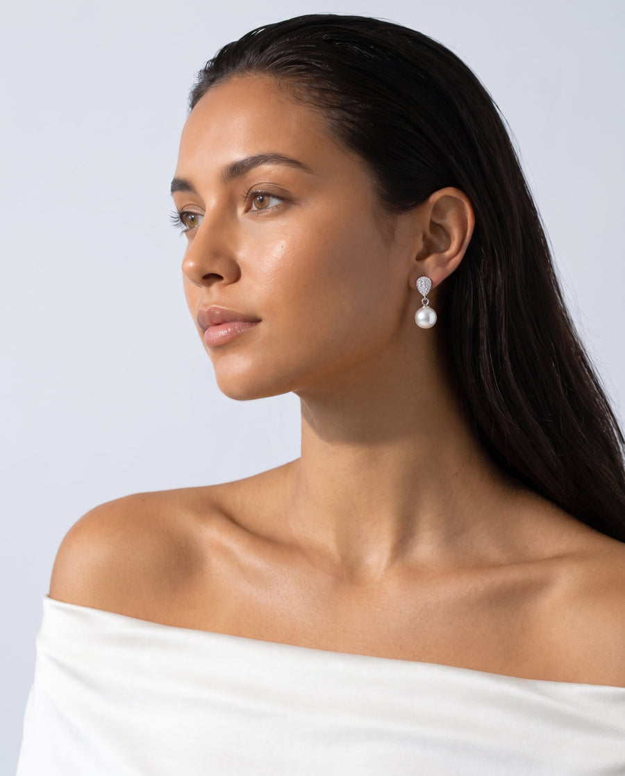 Silver pave pearl drop earring, freshwater pearl, profile on the ear