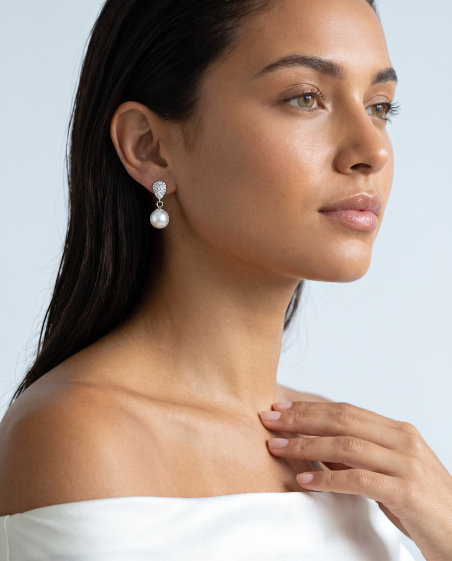 Silver pave pearl drop earring, freshwater pearl, ear to collarbone