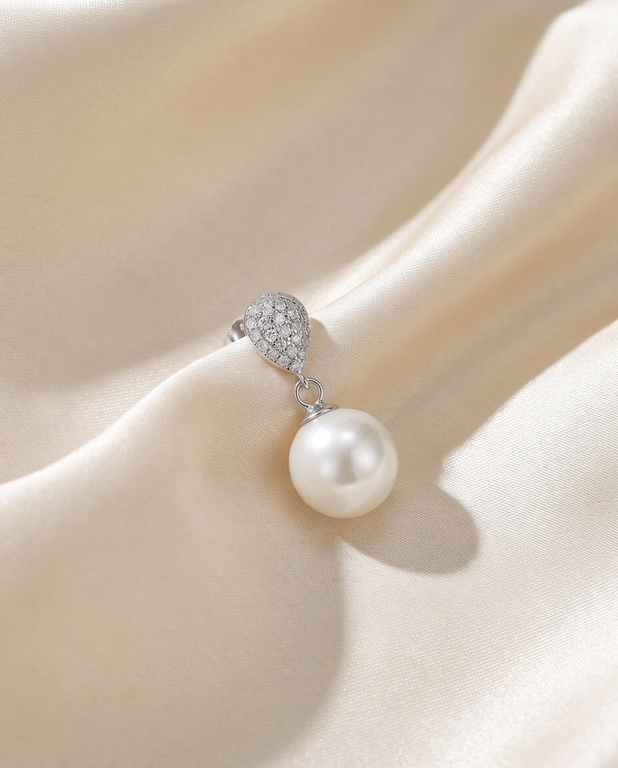 Silver pave pearl drop earring, freshwater pearl, draped on champagne silk