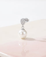 Silver pave pearl drop earring, freshwater pearl, on a glossy pedestal