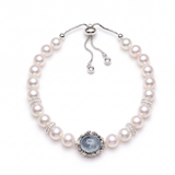 Aquamarine-white freshwater pearl bracelet with sterling silver T-bar clasp, 7-7.5mm AAAA