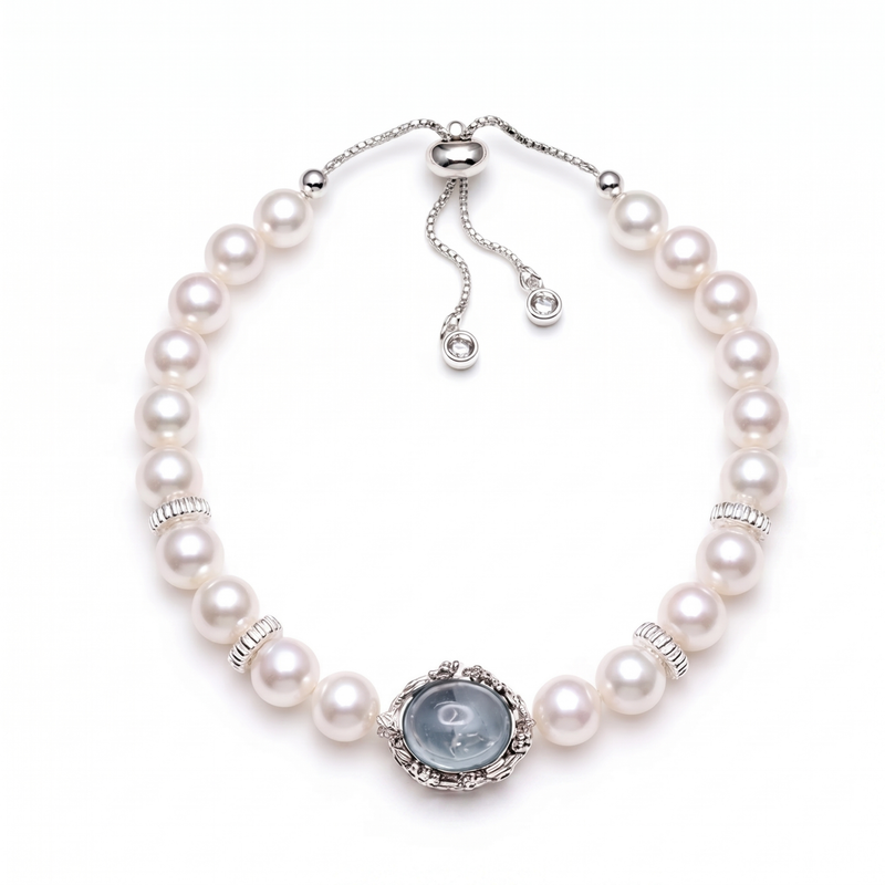 Aquamarine & White Freshwater Pearl Bracelet | 7–7.5mm AAAA