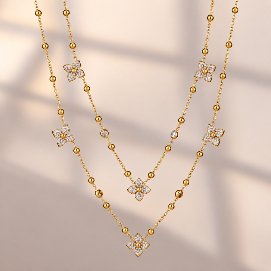 Cadence Flower Station Necklace, 18k Gold Plated Steel