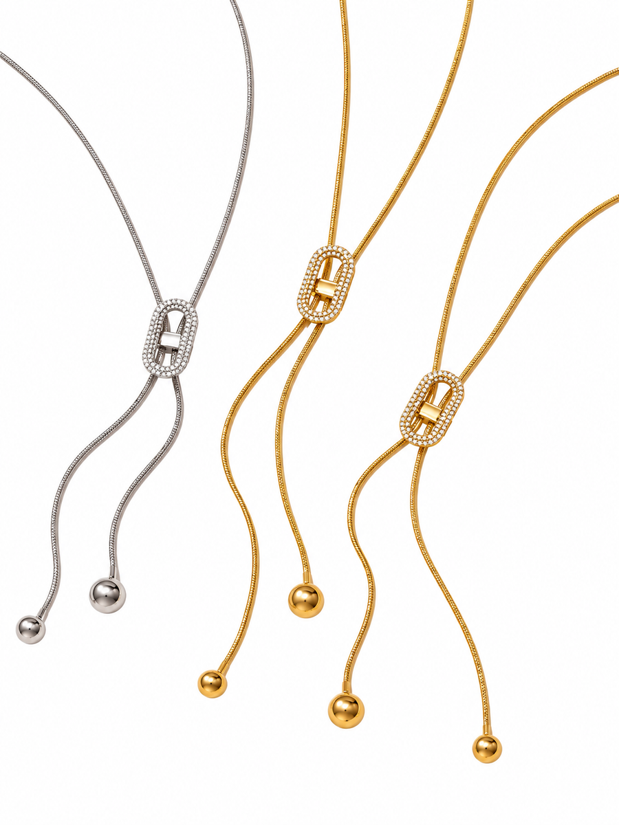 Plumbline Pavé Lariat Necklace, Gold or Silver Steel