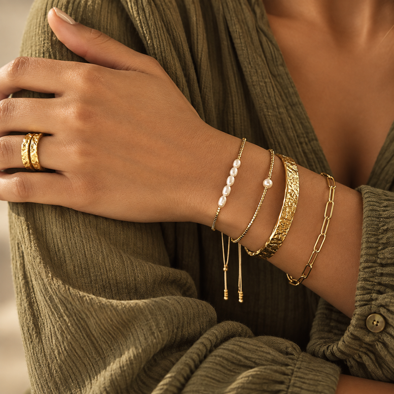 Riffle Hammered Cuff Bracelet, 18k Gold Plated Steel detail