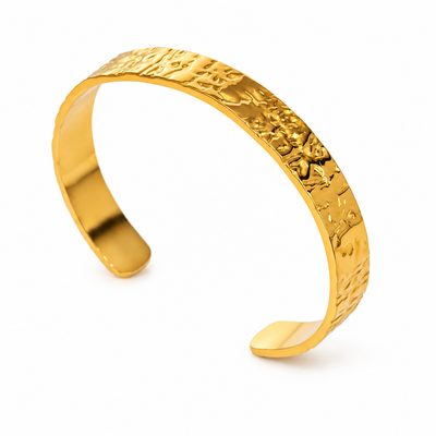 Riffle hammered open cuff bracelet in 18k gold plated stainless steel, front view