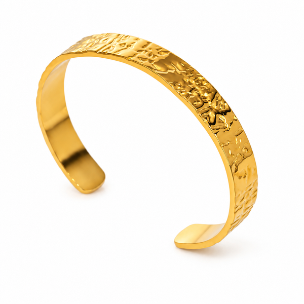 Riffle hammered open cuff bracelet in 18k gold plated stainless steel, front view