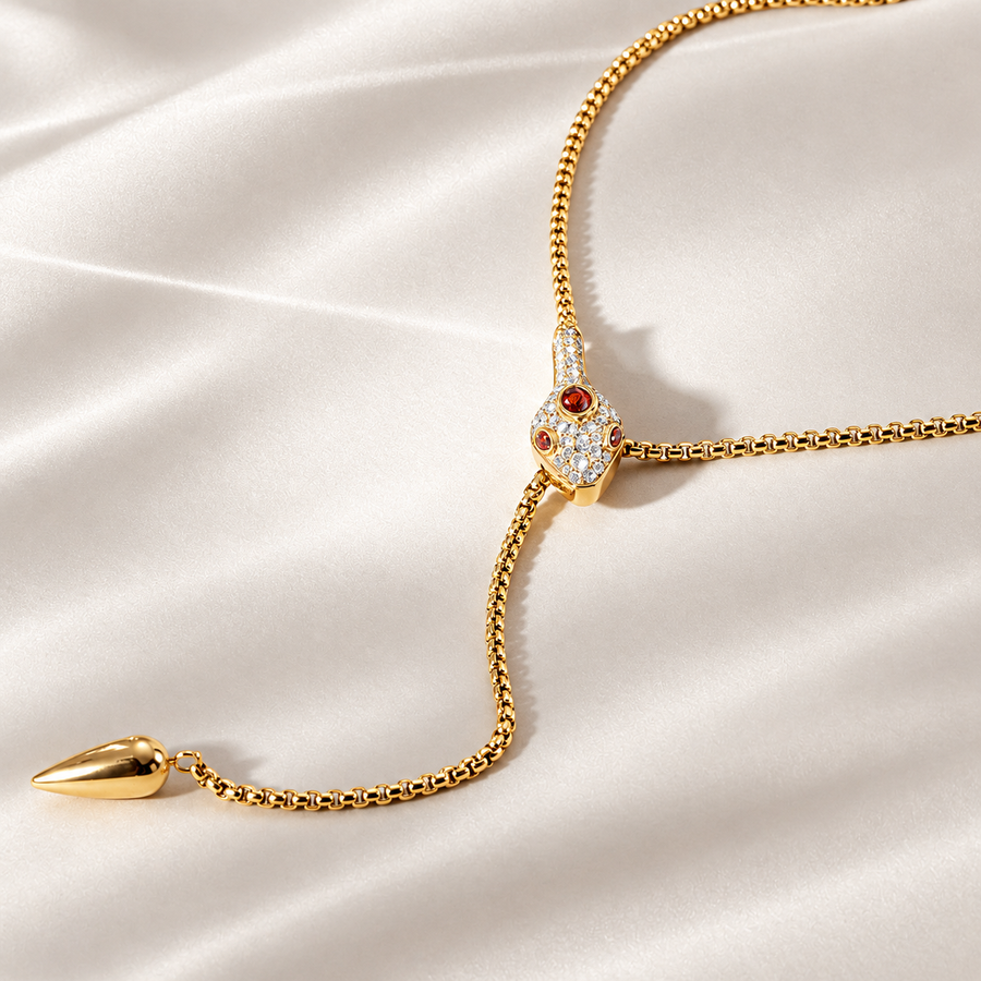 Asp Snake Lariat Necklace, 18k Gold Plated Steel