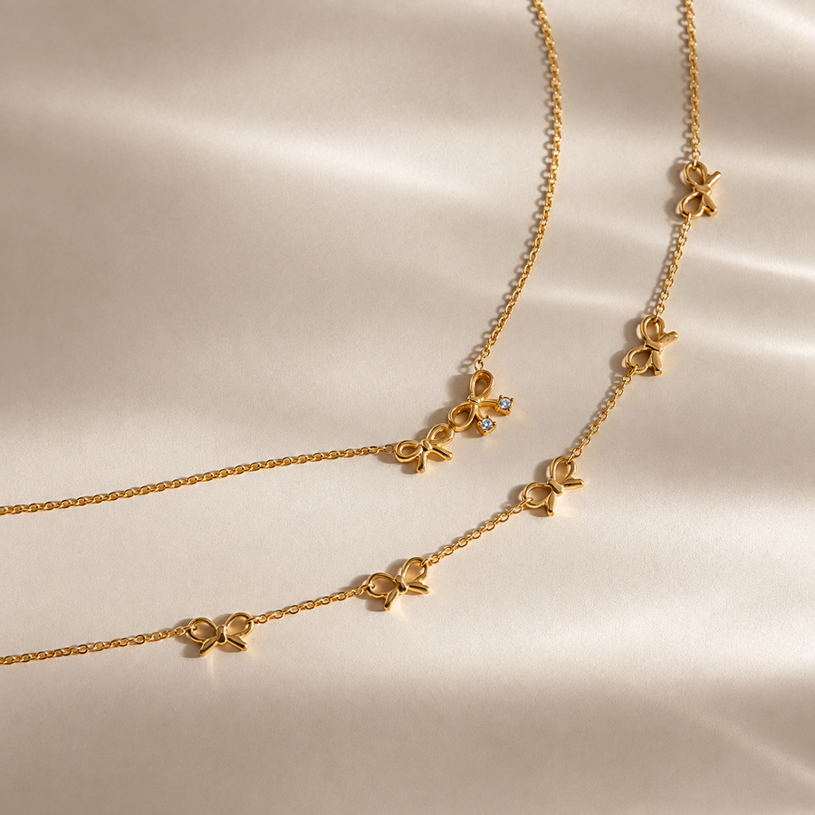 Grosgrain Bow Necklace Set, 18k Gold Plated Steel