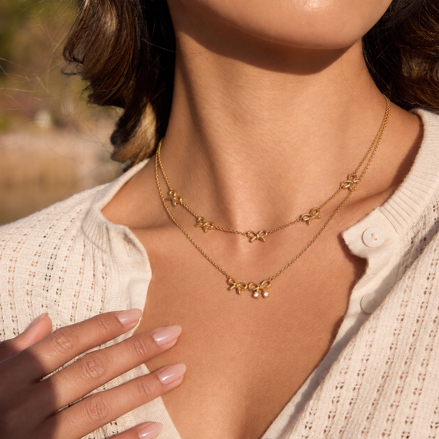 Grosgrain Bow Necklace Set, 18k Gold Plated Steel