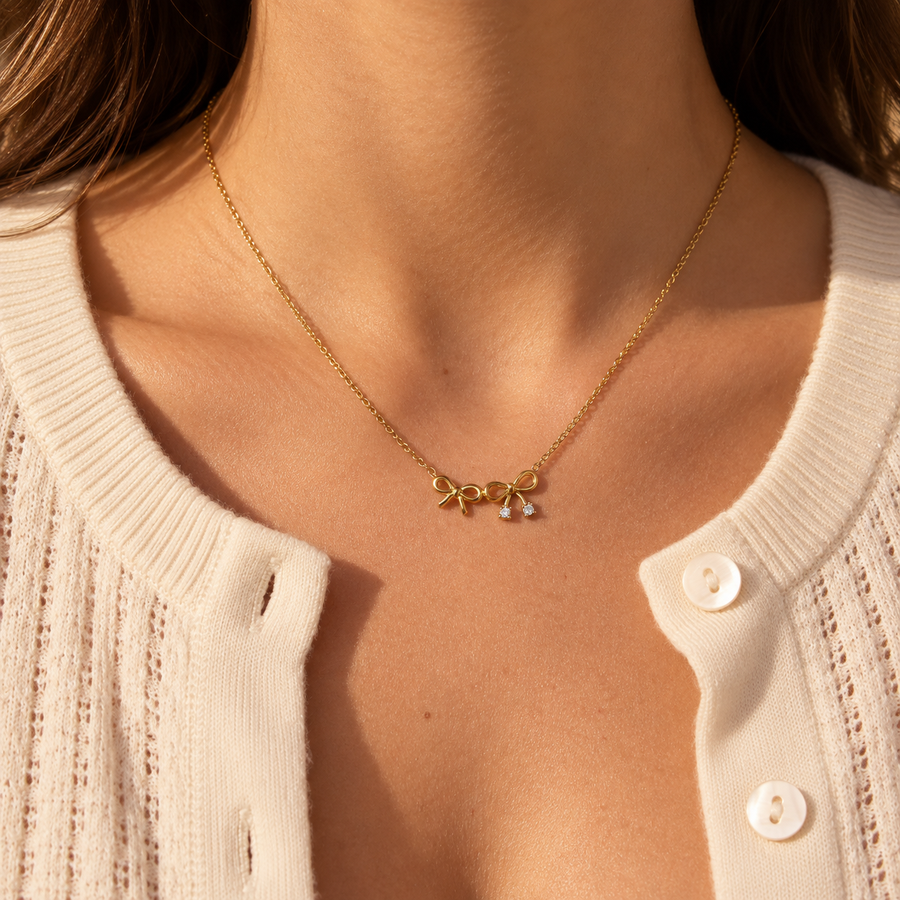Grosgrain Bow Necklace Set, 18k Gold Plated Steel