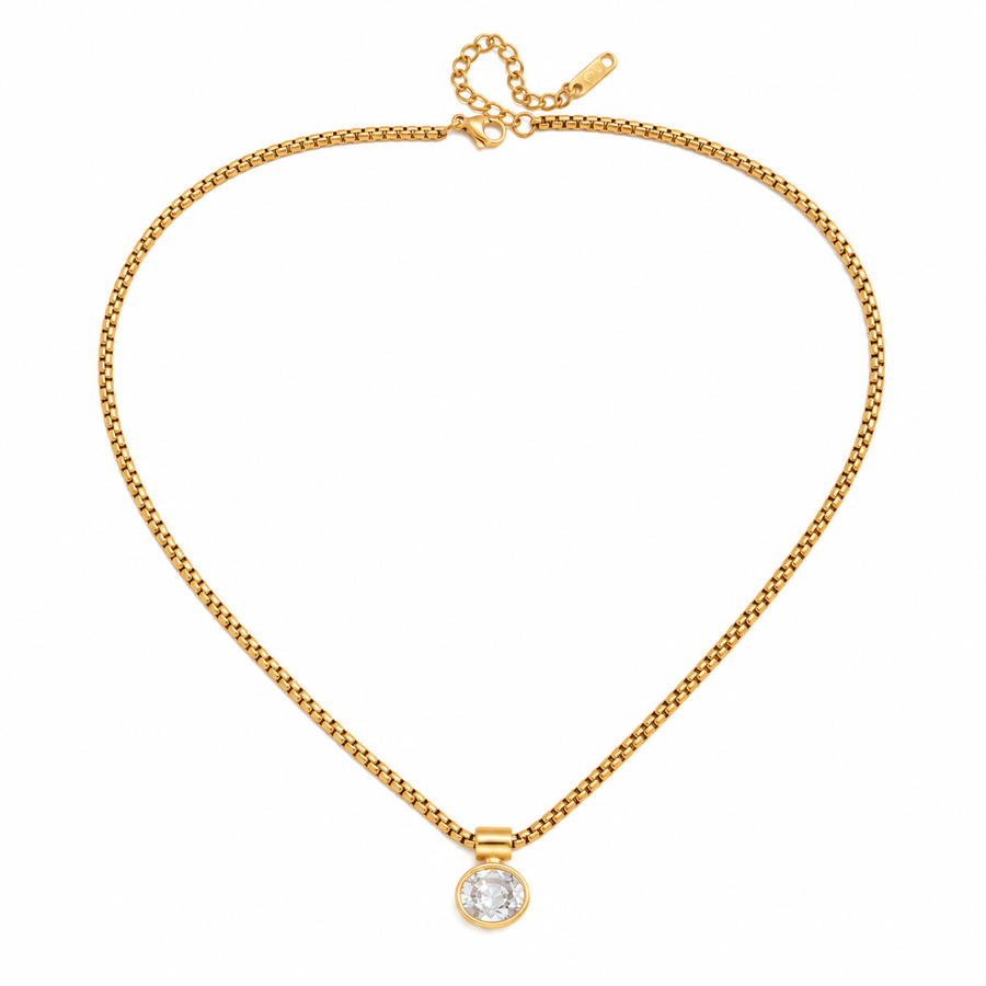 Collet Oval Solitaire Necklace, 18k Gold Plated Steel