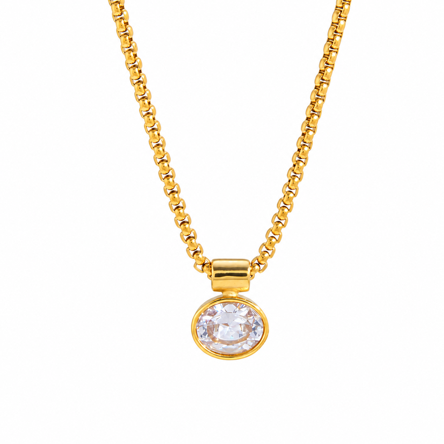 Collet Oval Solitaire Necklace, 18k Gold Plated Steel